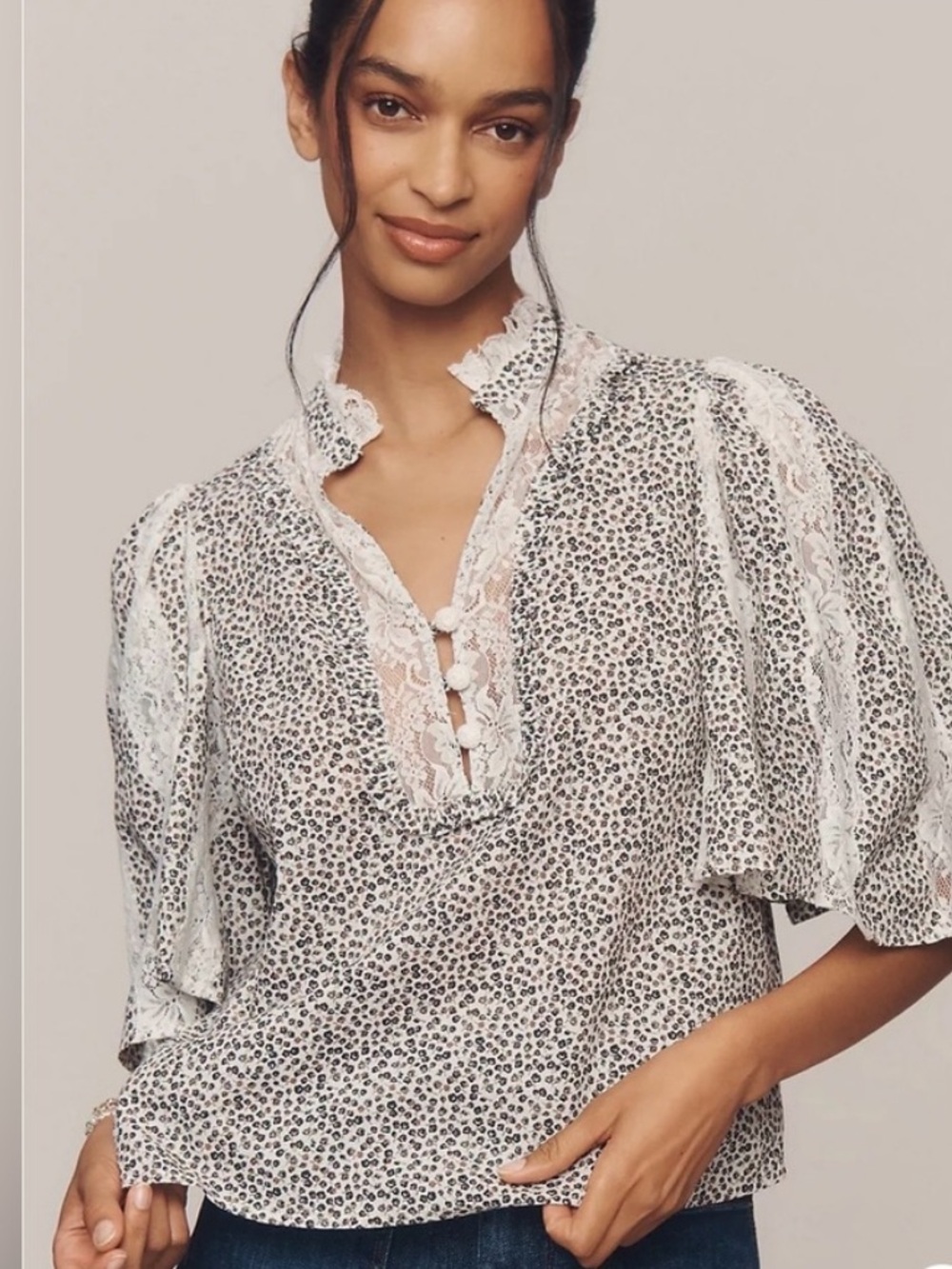Anthropologie Black and White Floral Lace-Trim Puff Sleeve Blouse
